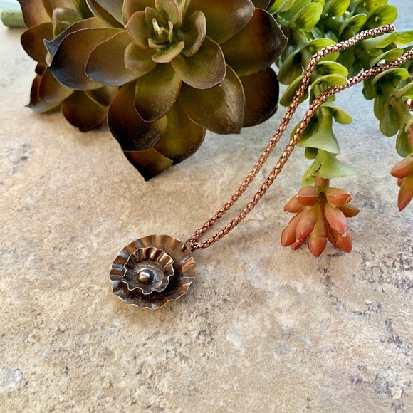 Folded Copper Flower Pendant Necklace, Rustic Jewelry - Picture 2 of 4